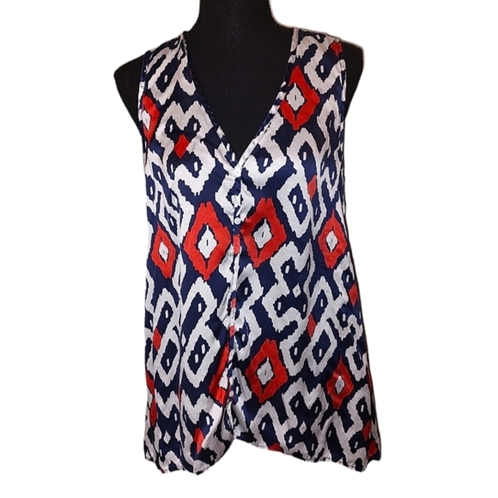 Karen Kane Navy, White, & Poppy Red Sleeveless Button Down Top with Lace Detail - Picture 2 of 3